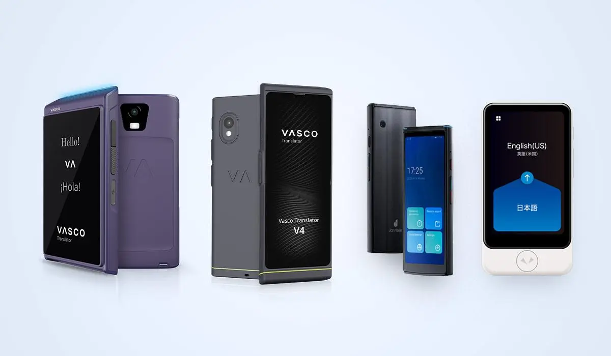 Comparaison de traducteurs portables : Vasco Translator Q1, Vasco Translator V4, Jarvisen et Pocketalk.