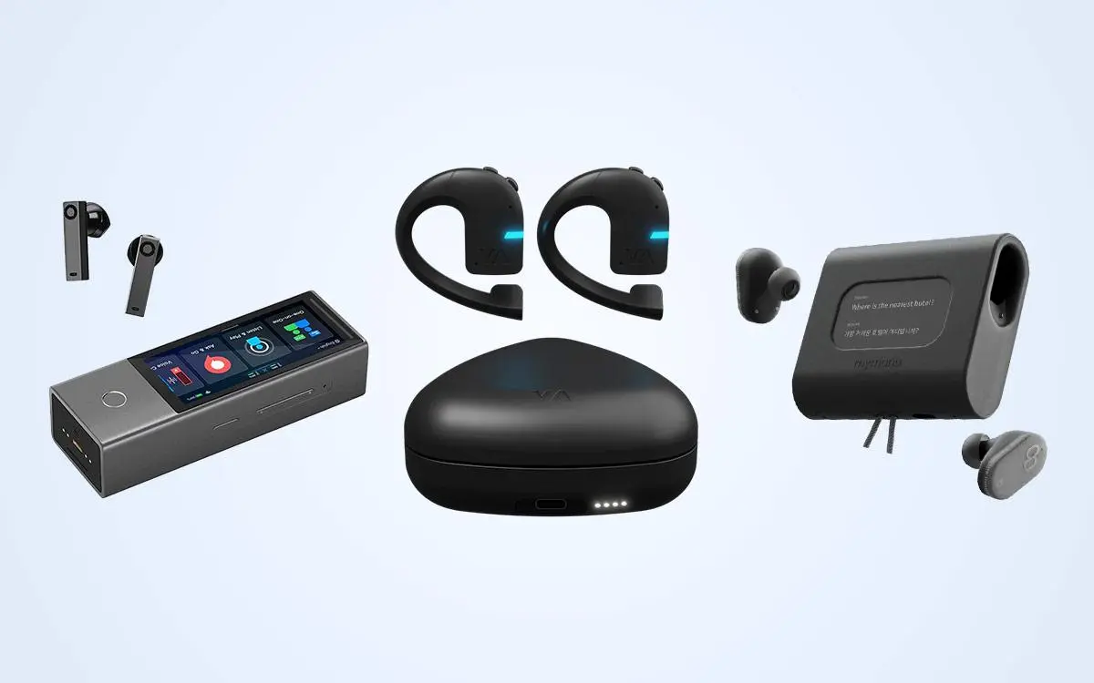 Comparaison d’écouteurs traducteurs : Vasco Translator E1, Timekettle WT2 Edge et Mymanu CLIK Pro.